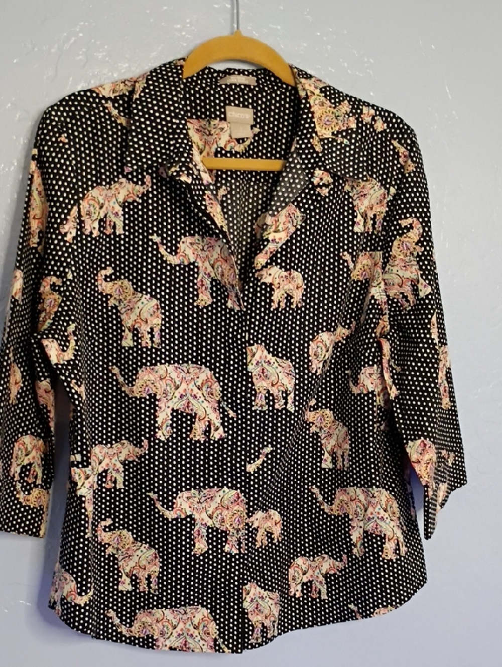 Chico's Black Polka Dot Blouse with Paisley Elephant Print